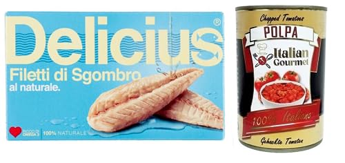 25x Delicius Filetti di Sgombro al Naturale,Natürliche Makrelenfilets,reich an Omega 3,Hochwertiger Blauer Fisch,125g + Italian Gourmet Polpa di Pomodoro 400g Dose 25x Delicius Filetti di Sgombro al Naturale,Natürliche Makrelenfilets,reich an Omega 3,Hochwertiger Blauer Fisch,125g + Italian Gourmet Polpa di Pomodoro 400g Dose von Italian Gourmet E.R.