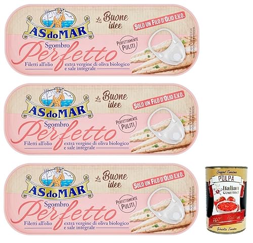 3x AS do MAR Filetti di Sgombro Perfetto,Makrelenfilets in Bio-Olivenöl Extra und Vollsalz,120g Dose + Italian Gourmet Polpa di Pomodoro 400g Dose von Italian Gourmet E.R.