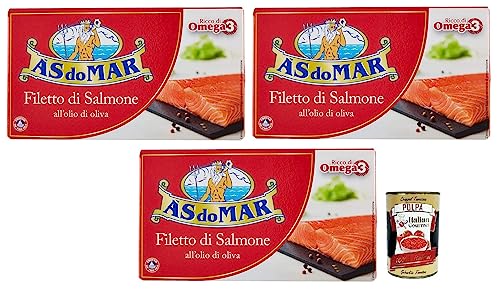 3x AS do MAR Filetto di Salmone all'Olio di Oliva,Lachsfilet in Olivenöl,Reich an Omega 3,Dose 150g + Italian Gourmet Polpa di Pomodoro 400g Dose von Italian Gourmet E.R.