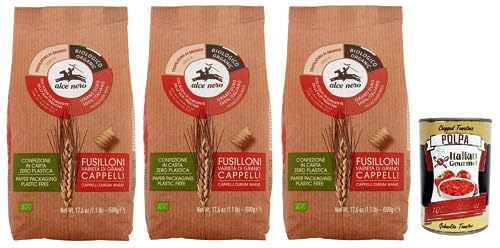 3x Alce Nero Pasta Fusilloni,Bio-Hartweizen Nudeln,Mit Bio-Cappelli-Hartweizen,Angebaut in Italien,Packung mit 500g + Italian Gourmet Polpa di Pomodoro 400g Dose von Italian Gourmet E.R.