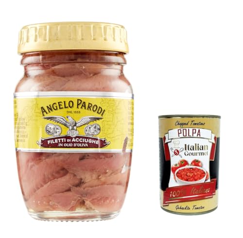 3x Angelo Parodi Filetti Di Acciughe In Olio D'oliva, Sardellenfilets in Olivenöl 90 g + Italian Gourmet Polpa di Pomodoro 400g 3x Angelo Parodi Filetti Di Acciughe In Olio D'oliva, Sardellenfilets in Olivenöl 90 g + Italian Gourmet Polpa di Pomodoro 400g von Italian Gourmet E.R.