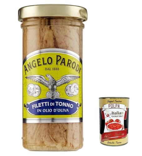 3x Angelo Parodi Filetti di Tonno in Olio d'Oliva in vetro, Thunfischfilets in Olivenöl in Glas 150 g + Italian Gourmet polpa 400g von Italian Gourmet E.R.