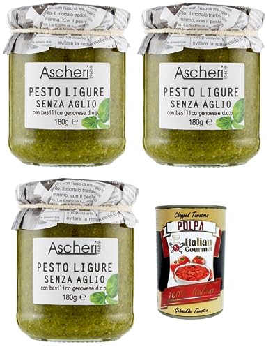 3x Ascheri 1960 Pesto Ligure Senza Aglio con Basilico Genovese,Pesto Sauce Ohne Knoblauch mit Genuesischem Basilikum d.o.p. Glas 180g + Italian Gourmet Polpa di Pomodoro 400g Dose von Italian Gourmet E.R.