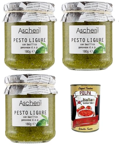 3x Ascheri 1960 Pesto Ligure con Basilico Genovese,Pesto Sauce mit Genuesischem Basilikum d.o.p. Glas 180g + Italian Gourmet Polpa di Pomodoro 400g Dose von Italian Gourmet E.R.