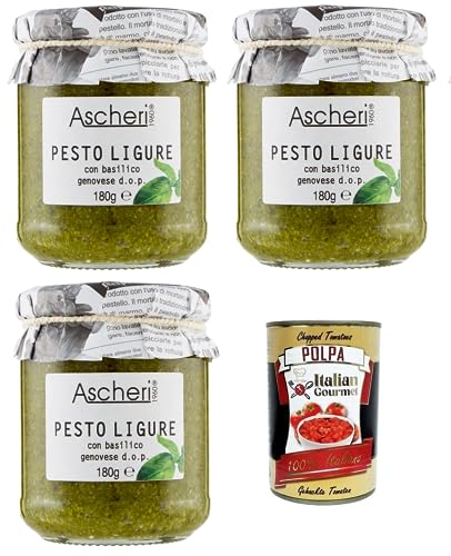 3x Ascheri 1960 Pesto Ligure con Basilico Genovese,Pesto Sauce mit Genuesischem Basilikum d.o.p. Glas 180g + Italian Gourmet Polpa di Pomodoro 400g Dose 3x Ascheri 1960 Pesto Ligure con Basilico Genovese,Pesto Sauce mit Genuesischem Basilikum d.o.p. Glas 180g + Italian Gourmet Polpa di Pomodoro 400g Dose von Italian Gourmet E.R.
