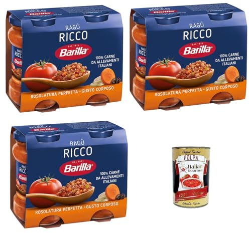 3x Barilla Sugo Ragù RICCO Bolognese REICHhaltige Ragù-Sauce, klassisches Bolognese-Gewürz für Pasta 180gX2 + Italian Gourmet Polpa 400 g von Italian Gourmet E.R.