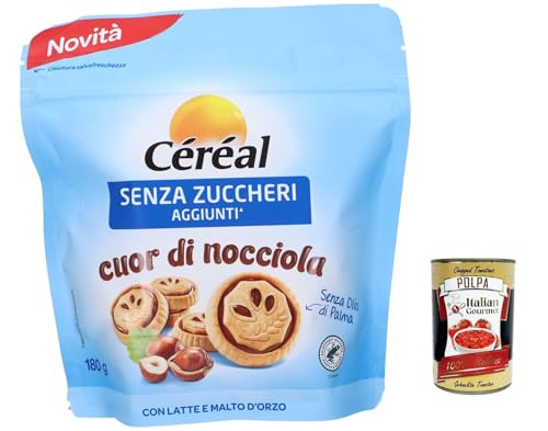 3x Cereal cuor di nocciola senza zuccheri aggiunti, Keks Ohne Zuckerzucker mit cremigem Haselnuss-Herz Kekse 180g + Italian Gourmet polpa 400g von Italian Gourmet E.R.