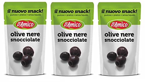 3x D'Amico Il Nuovo Snack Olive Nere Snocciolate Entsteinte Schwarze Oliven Ohne Flüssigkeit 75g von Italian Gourmet E.R.