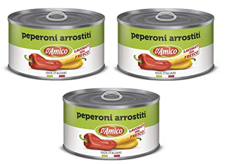 3x D'Amico Peperoni Arrostiti Interi e Spellati Ganze und Geschälte Geröstete Peperoni Frisch Verarbeitet 400g von Italian Gourmet E.R.