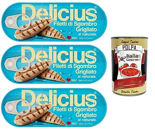 3x Delicius Filetti di Sgombro Grigliati al Naturale,Natürliche Gegrillte Makrelenfilets,reich an Omega 3,Hochwertiger Blauer Fisch,110g Dose + Italian Gourmet Polpa di Pomodoro 400g Dose 3x Delicius Filetti di Sgombro Grigliati al Naturale,Natürliche Gegrillte Makrelenfilets,reich an Omega 3,Hochwertiger Blauer Fisch,110g Dose + Italian Gourmet Polpa di Pomodoro 400g Dose von Italian Gourmet E.R.