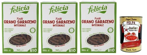 3x Felicia Fusilli di Grano Saraceno Integrale,Pasta mit 100% Bio-Buchweizen,Bio und Natürlich Glutenfrei,Packung mit 340g + Italian Gourmet Polpa di Pomodoro 400g Dose von Italian Gourmet E.R.