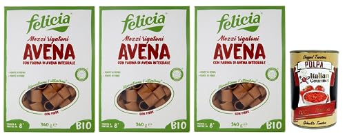 3x Felicia Mezzi Rigatoni Avena,Pasta con Farina di Avena integrale,Nudeln mit Vollkorn-Haferflocken,Bio und Natürlich Glutenfrei,Packung mit 340g + Italian Gourmet Polpa di Pomodoro 400g Dose von Italian Gourmet E.R.