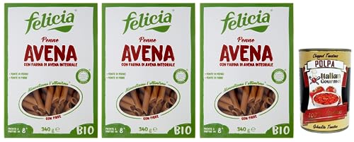 3x Felicia Penne Avena,Pasta con Farina di Avena integrale,Nudeln mit Vollkorn-Haferflocken,Bio und Natürlich Glutenfrei,Packung mit 340g + Italian Gourmet Polpa di Pomodoro 400g Dose von Italian Gourmet E.R.