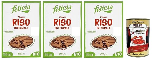 3x Felicia Penne di Riso Integrale,Pasta mit 100% braunem Reis aus der italienischen Lieferkette,Bio und Natürlich Glutenfrei,Packung mit 340g + Italian Gourmet Polpa di Pomodoro 400g Dose von Italian Gourmet E.R.