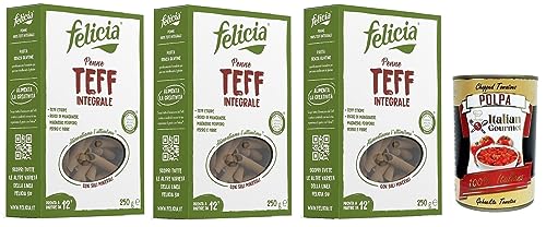 3x Felicia Penne di Teff Integrale,Pasta mit 100% Vollkorn Teff,Authentischer Geschmack der äthiopischen Küche,Packung mit 250g + Italian Gourmet Polpa di Pomodoro 400g Dose von Italian Gourmet E.R.