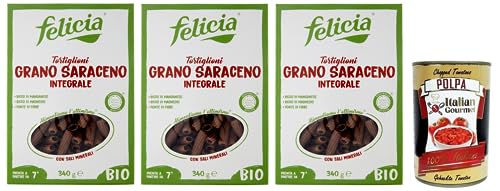 3x Felicia Tortiglioni di Grano Saraceno Integrale,Pasta mit 100% Bio-Buchweizen,Bio und Natürlich Glutenfrei,Packung mit 340g + Italian Gourmet Polpa di Pomodoro 400g Dose von Italian Gourmet E.R.