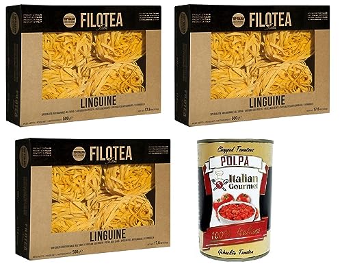 3x Filotea Linguine Pasta all'Uovo,Eierlinguine,Eiernudeln aus italienischen Rohstoffen,Packung mit 500g + Italian Gourmet Polpa di Pomodoro 400g Dose 3x Filotea Linguine Pasta all'Uovo,Eierlinguine,Eiernudeln aus italienischen Rohstoffen,Packung mit 500g + Italian Gourmet Polpa di Pomodoro 400g Dose von Italian Gourmet E.R.