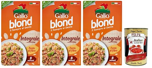 3x Gallo Riso Blond Integrale,100% Italienischer Reis,Ballaststoffquelle,Vollkorn Reis Kochzeit 8 Minuten,Packung mit 1Kg + Italian Gourmet Polpa di Pomodoro 400g Dose von Italian Gourmet E.R.
