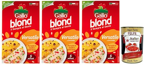 3x Gallo Riso Blond Versatile,100% Italienischer Reis,Kochzeit 5 Minuten,Ideal für alle Rezepte,Packung mit 1Kg + Italian Gourmet Polpa di Pomodoro 400g Dose von Italian Gourmet E.R.