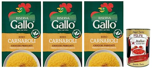 3x Gallo Riso Riserva Carnaroli,100% Italienischer Reis,Kochzeit 15 Minuten,Ideal für Risottos,Packung mit 1Kg + Italian Gourmet Polpa di Pomodoro 400g Dose von Italian Gourmet E.R.