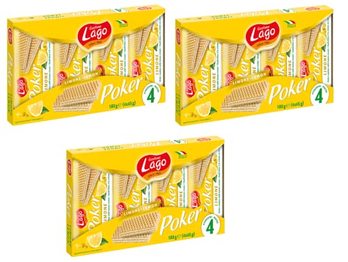 3x Gastone Lago Poker Limone Wafer gefüllt mit Zitronencreme Packung à 180g, jede Packung enthält 4 Portionen à 45g von Italian Gourmet E.R.