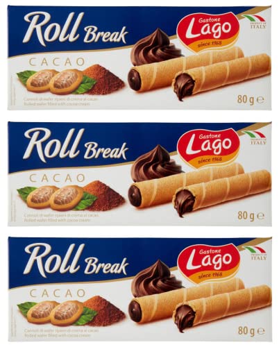 3x Gastone Lago Roll Break Cacao Waffelpad Wafer gefüllt mit Kakaocreme 80g von Italian Gourmet E.R.