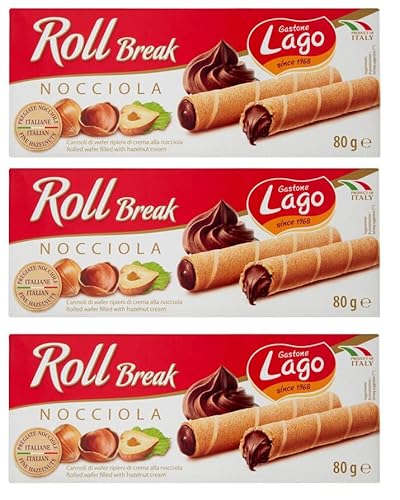 3x Gastone Lago Roll Break Nocciola Waffelpad Wafer gefüllt mit Haselnusscreme 80g von Italian Gourmet E.R.