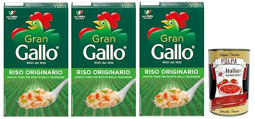 3x Gran Gallo Riso Originario,100% Italienischer Reis,Kochzeit 15 Minuten,ideal für die Zubereitung von Füllungen,Packung mit 1Kg + Italian Gourmet Polpa di Pomodoro 400g Dose von Italian Gourmet E.R.