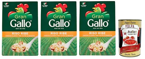 3x Gran Gallo Riso Ribe,100% Italienischer Reis, ideal für jede Art von Rezept,Kochzeit 15 Minuten,Packung mit 500g + Italian Gourmet Polpa di Pomodoro 400g Dose von Italian Gourmet E.R.