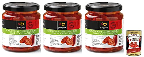 3x Grangusto Pomodorini Datterini Rossi Semi Secchi in Olio,Halbgetrocknete Rote Dattel-Tomaten in Öl,Italienische Tomate,280g Glas + Italian Gourmet Polpa di Pomodoro 400g Dose von Italian Gourmet E.R.