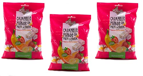 3x La Giulia Caramelle Morbide con Polpa di Frutta Weiche Bonbons mit Fruchtmark mit Erdbeer-, Orangen- und Bananen Geschmack 150g Beutel von Italian Gourmet E.R.