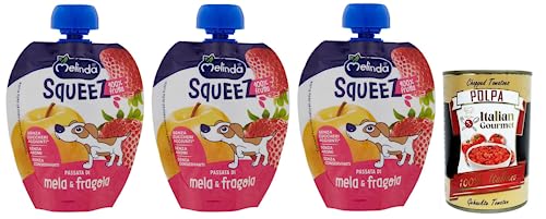 3x Melinda Mela Fragola Squeez 100% Frucht,Apfel- und Erdbeerpüree,Obst zum Auspressen,90g + Italian Gourmet Polpa di Pomodoro 400g Dose 3x Melinda Mela Fragola Squeez 100% Frucht,Apfel- und Erdbeerpüree,Obst zum Auspressen,90g + Italian Gourmet Polpa di Pomodoro 400g Dose von Italian Gourmet E.R.