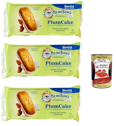 3x Mulino Bianco Plumcake granella di mandorle e ricotta, süßer Snack, Ohne Zuckerzucker, mit mit Mandelkörnern und Ricotta 155 gr + Italian Gourmet polpa 400g 3x Mulino Bianco Plumcake granella di mandorle e ricotta, süßer Snack, Ohne Zuckerzucker, mit mit Mandelkörnern und Ricotta 155 gr + Italian Gourmet polpa 400g von Italian Gourmet E.R.