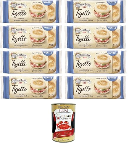Mulino Bianco Tigelle mit nativem Olivenöl extra und weichem Weizenmehl, ohne Schmalz, dick und weich verpackte Tigelle zum Füllen, , 8x 210gr Packung mit 6 Tigelle+ Italian Gourmet polpa 400g von Italian Gourmet E.R.