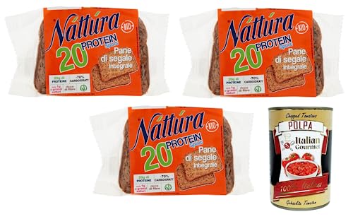 3x Náttúra Protein Sport Pane di Segale Integrale Bio-Roggenvollkornbrot mit Weizenproteinen, Leinsamen und Soja,Packung mit 250g + Italian Gourmet Polpa di Pomodoro 400g Dose von Italian Gourmet E.R.