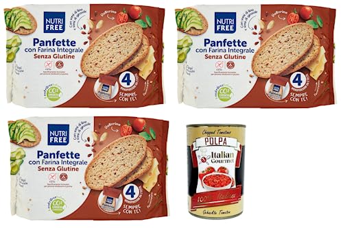 3x Nutrifree Panfette con Farina Integrale,Glutenfreies Brot mit Vollkorn-Buchweizenmehl,Packung mit 340g + Italian Gourmet Polpa di Pomodoro 400g Dose von Italian Gourmet E.R.