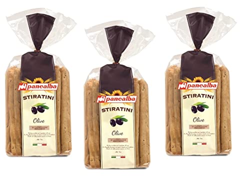3x Panealba Stiratini Olive Nere Salziger Snack mit Schwarze Oliven 150g Packung von Italian Gourmet E.R.