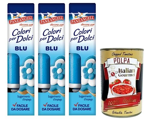 3x Paneangeli Colori per Dolci Blu, Blauer Gel Farbstoff,10g Tube + Italian Gourmet Polpa di Pomodoro 400g Dose von Italian Gourmet E.R.