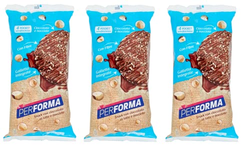 3x Performa Snacks von Vollkorn Reis mit Milchschokolade und Haselnüssen Vollkorn Reiskuchen im 4er-Pack Frischespartaschen mit je 2 Keksen ( 8 Snacks x 17,75 g ) 142g von Italian Gourmet E.R.