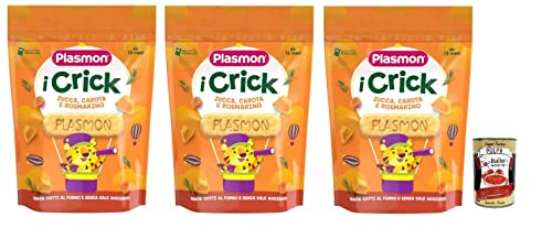 3x Plasmon i Crick,Snacks mit Kürbis-, Karotten- und Rosmarin Geschmack Beutel mit 100g + Italian Gourmet Polpa di Pomodoro 400g Dose von Italian Gourmet E.R.