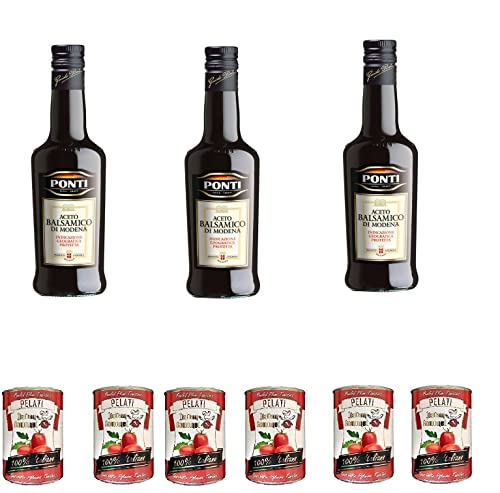 3x Ponti Aceto balsamico di Modena IGP Essig Würzsaucen 500ml Aci. 6% + Italian Gourmet 100% italienische geschälte Tomaten dosen 6x 400g von Italian Gourmet E.R.