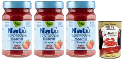 3x Rigoni di Asiago Natù Fragole Bio-Erdbeerzubereitung,Erdbeerkonfitüre Ohne Zuckerzusatz 240g + Italian Gourmet Polpa di Pomodoro 400g Dose von Italian Gourmet E.R.