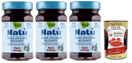 3x Rigoni di Asiago Natù Mirtilli Neri di Bosco Bio-Blaubeerenzubereitung,Blaubeerenkonfitüre Ohne Zuckerzusatz 240g + Italian Gourmet Polpa di Pomodoro 400g Dose von Italian Gourmet E.R.