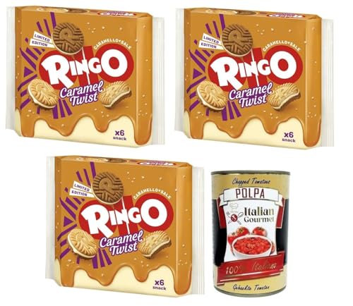 3x Ringo Caramel Twist Limited Edition Biscotti,Kekse gefüllt mit gesalzener Karamellcreme 165g Packung, jede Packung enthält 6 Einzelportionen + Italian Gourmet Polpa di Pomodoro 400g Dose von Italian Gourmet E.R.