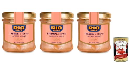 3x Rio Mare Filettini di Tonno all'Olio di Oliva, Thunfischfilets in Olivenöl,Glas mit 130g + Italian Gourmet Polpa di Pomodoro 400g Dose von Italian Gourmet E.R.