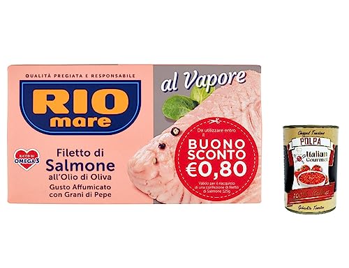 3x Rio Mare Gedämpftes Lachsfilet mit Olivenöl und Pfefferkörnern, geräucherter Geschmack, 125 g + Italian Gourmet polpa 400g 3x Rio Mare Gedämpftes Lachsfilet mit Olivenöl und Pfefferkörnern, geräucherter Geschmack, 125 g + Italian Gourmet polpa 400g von Italian Gourmet E.R.