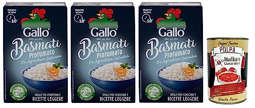 3x Riso Gallo Basmati Profumato,Reis aus nachhaltiger Landwirtschaft,Kochzeit 10 Minuten,Ideal für Beilagen und leichte Rezepte,500g + Italian Gourmet Polpa di Pomodoro 400g Dose von Italian Gourmet E.R.