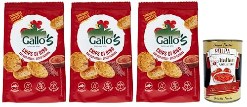3x Riso Gallo Chips con Riso Rosso,Snack mit Vollkorn Rotem Reis und Paprika Geschmack,40g-Beutel + Italian Gourmet Polpa di Pomodoro 400g Dose von Italian Gourmet E.R.