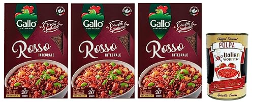 3x Riso Gallo Riso Rosso Integrale,Vollkorn Roter Reis,100% Italienischer Reis Ideal als Beilage oder zur Zubereitung von Salaten,500-g-Packung + Italian Gourmet Polpa di Pomodoro 400g Dose von Italian Gourmet E.R.