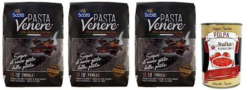 3x Riso Scotti Pasta Venere Fusilli,Pasta aus Hartweizengrieß und Schwarzem Venere-Vollkornreismehl,Packung mit 400g + Italian Gourmet Polpa di Pomodoro 400g Dose von Italian Gourmet E.R.